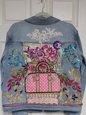 Seven7 Light Blue Embellished Denim Jacket with Pink Accents